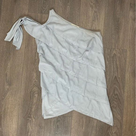 BCBG Women's Mini Dress Tiered Layered Ruffle One Shoulder Tie Sleeve Pale blue - Picture 7 of 16